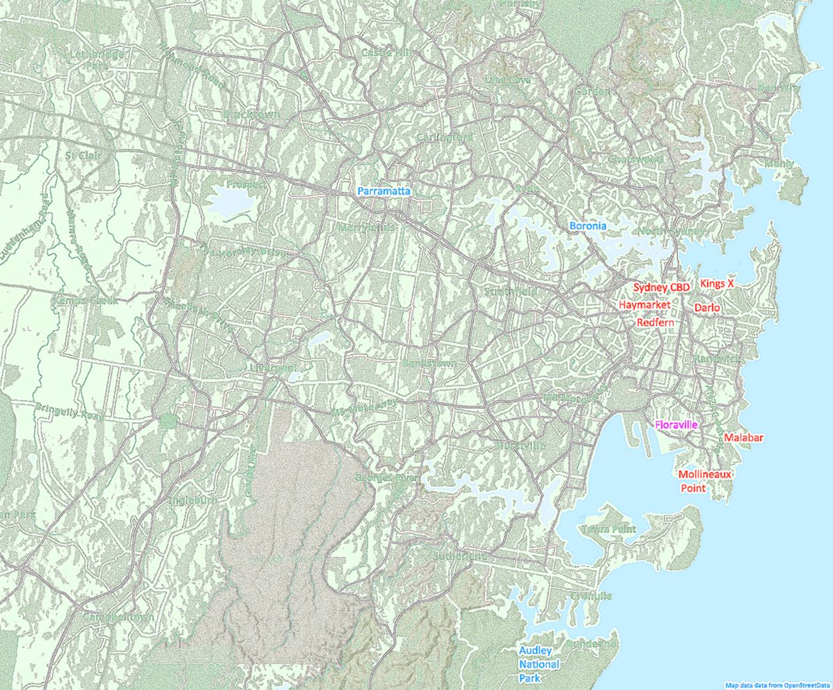 Sydney metro map highlighting key locations including Floraville and the CBD.